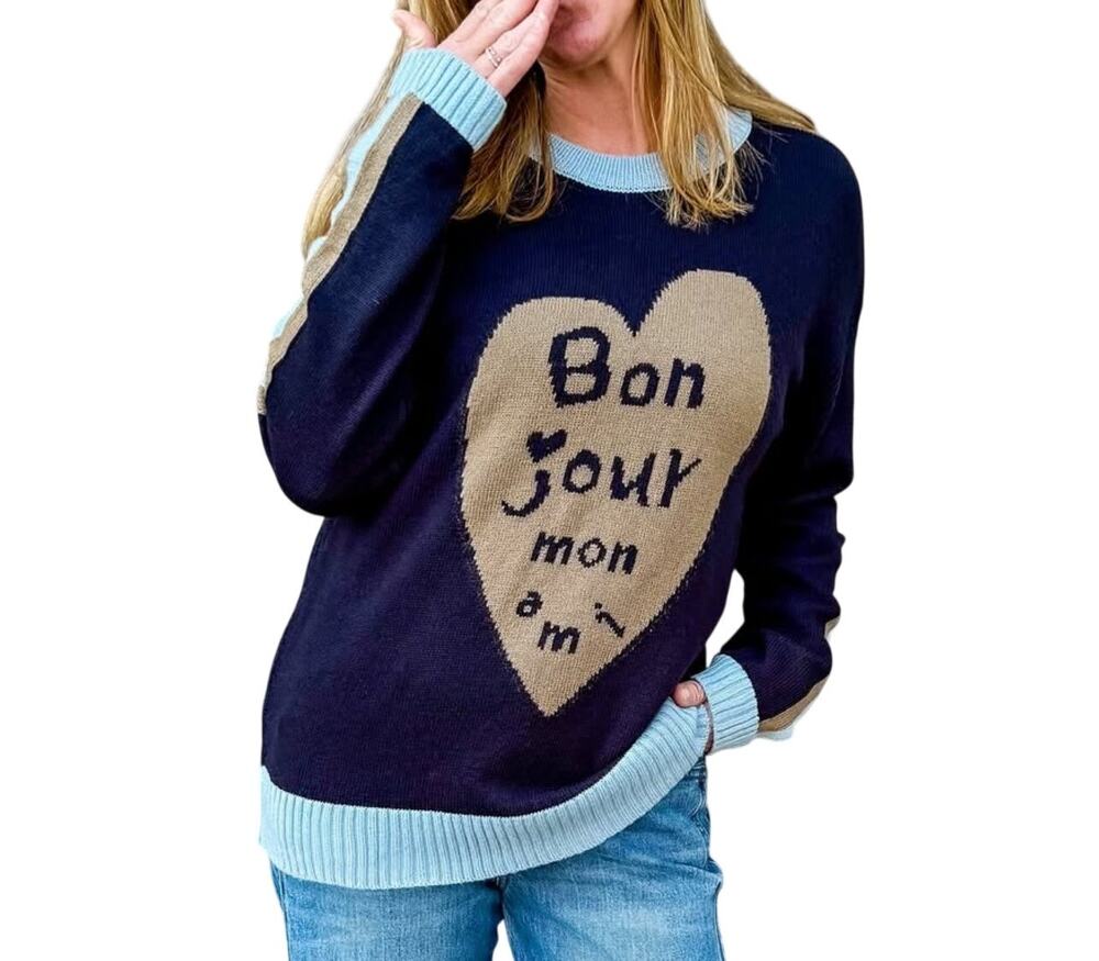 Easel Bon Jour Mon Ami Heart Sweater Small Navy Blue Knit Pullover